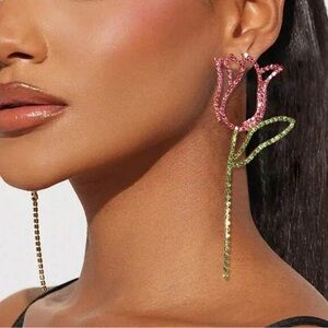 Elegant Pink and Green Floral Drop Earrings